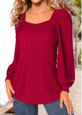 Red tops,Plain Color tops,ROTITA Red Square Neck Long Sleeve Sweatshirt