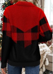 Black tops,Red tops,Plaid tops,Geometric tops,ROTITA Christmas Patchwork Plaid Black Turn Down Collar Sweatshirt