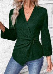 Green tops,Plain Color tops,ROTITA Surplice Green V Neck Long Sleeve Shirt