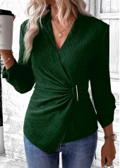 Green tops,Plain Color tops,ROTITA Surplice Green V Neck Long Sleeve Shirt