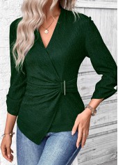 Green tops,Plain Color tops,ROTITA Surplice Green V Neck Long Sleeve Shirt