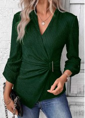 Green tops,Plain Color tops,ROTITA Surplice Green V Neck Long Sleeve Shirt