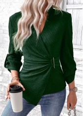 Green tops,Plain Color tops,ROTITA Surplice Green V Neck Long Sleeve Shirt