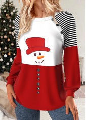 Multi Color tops,Christmas tops,Geometric tops,ROTITA Christmas Patchwork Snowman Print Multi Color Round Neck Sweatshirt