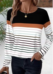 Black tops,Striped tops,Geometric tops,ROTITA Patchwork Striped Black Round Neck Long Sleeve T Shirt