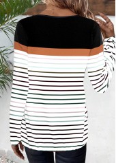 Black tops,Striped tops,Geometric tops,ROTITA Patchwork Striped Black Round Neck Long Sleeve T Shirt