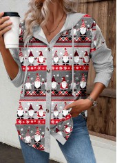 Grey tops,Christmas tops,ROTITA Drawstring Christmas Print Grey Long Sleeve Hoodie