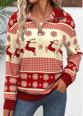 Wine Red tops,Christmas tops,ROTITA Christmas Zipper Wine Red Turn Down Collar Sweatshirt