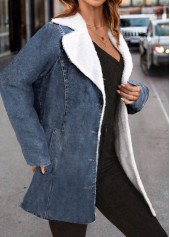 Blue tops,Plain Color tops,ROTITA Plush Blue Turn Down Collar Long Sleeve Coat