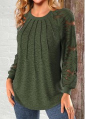 Olive Green tops,Plain Color tops,ROTITA Patchwork Olive Green Round Neck Long Sleeve Sweatshirt