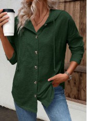 Green tops,Plain Color tops,ROTITA Patchwork Green Long Sleeve Hoodie
