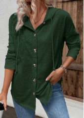 Green tops,Plain Color tops,ROTITA Patchwork Green Long Sleeve Hoodie