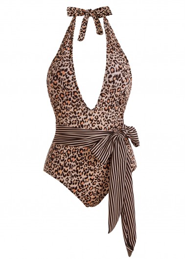 Leopard swimwear,ROTITA Halter Leopard Print Belted One Piece Swimwear