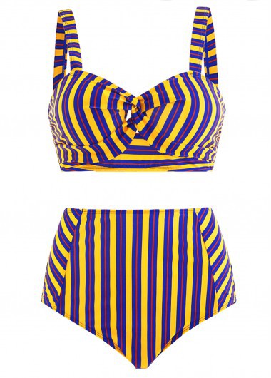 Rainbow Color swimwear,Striped swimwear,ROTITA High Waist Striped Cross Front Cutout Bikini Set