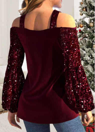 Wine Red plus size,Plain Color plus size,ROTITA Plus Size Sequin Wine Red Cross Collar T Shirt
