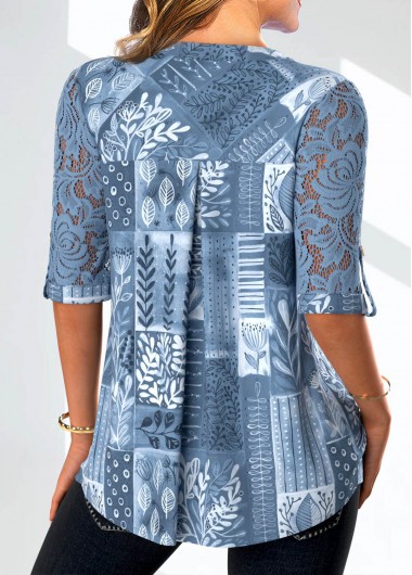 Denim Blue tops,Plants tops,ROTITA Lace Leaf Print Denim Blue Split Neck Blouse