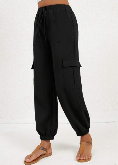 Black bottoms,Plain Color bottoms,Double Side Pockets Black Jogger Elastic Waist Pants