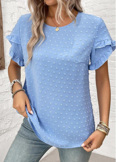 Dusty Blue tops,Plain Color tops,Button Dusty Blue Round Neck Short Sleeve Blouse