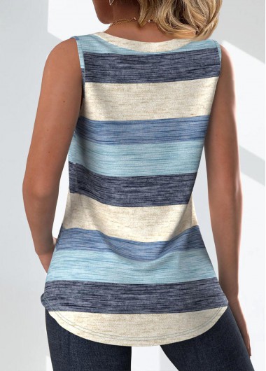 Light Blue tops,Dusty Blue tops,Striped tops,Geometric tops,ROTITA Button Striped Light Blue Square Neck Sleeveless Tank Top