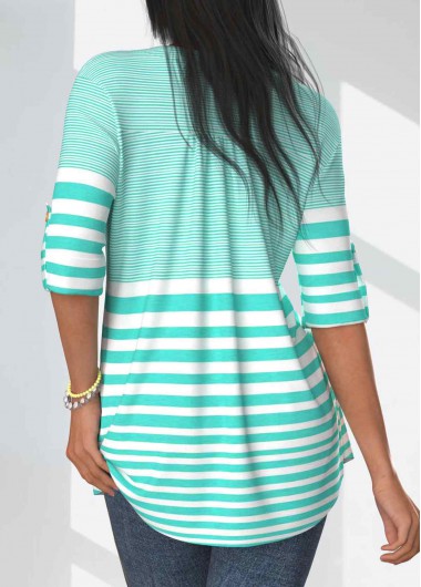 Mint Green tops,Striped tops,Geometric tops,ROTITA Pocket Striped Mint Green Round Neck T Shirt