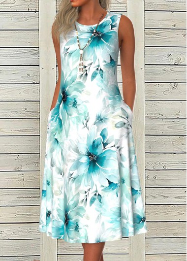Blue dresses,Floral dresses,Plants dresses,Everyday dresses,Casual dresses,ROTITA Tummy Coverage Floral Print Blue Round Neck Sleeveless Dress
