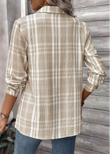 Light Coffee tops,Plaid tops,Striped tops,Geometric tops,ROTITA Button Plaid Light Coffee Shirt Collar Long Sleeve Blouse