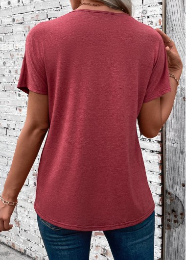 Brick Red tops,Plain Color tops,ROTITA Patchwork Brick Red V Neck Short Sleeve T Shirt