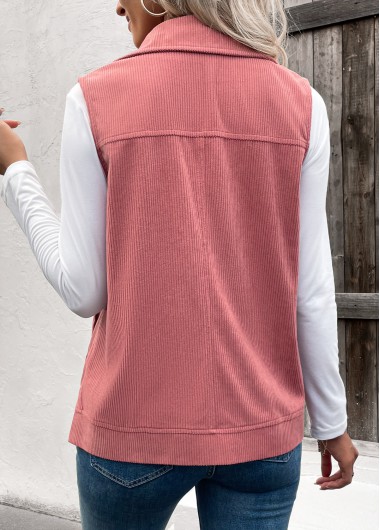 Dusty Pink tops,Plain Color tops,ROTITA Button Up Dusty Pink Turn Down Collar Corduroy Waistcoat