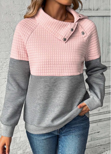 Grey tops,Light Pink tops,Contrast Color tops,ROTITA Patchwork Grey Asymmetrical Neck Long Sleeve Sweatshirt