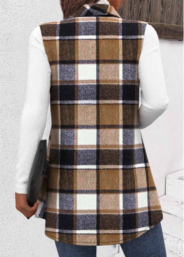 Dark Camel tops,Plaid tops,ROTITA Patchwork Plaid Dark Camel Shirt Collar Sleeveless Waistcoat