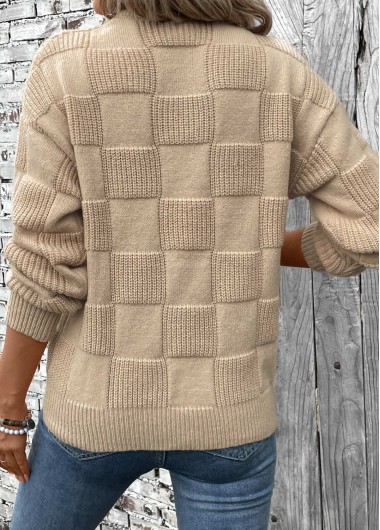 Light Coffee tops,Plain Color tops,Patchwork Light Coffee Round Neck Long Sleeve Sweater