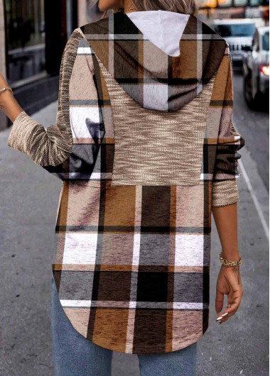 Dark Coffee tops,Plaid tops,ROTITA Patchwork Plaid Dark Coffee Long Sleeve Hoodie