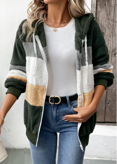 Olive Green tops,Contrast Color tops,Zipper Olive Green Hooded Long Sleeve Coat