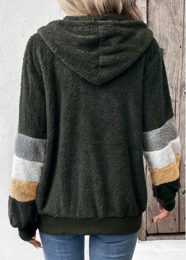 Olive Green tops,Contrast Color tops,Zipper Olive Green Hooded Long Sleeve Coat