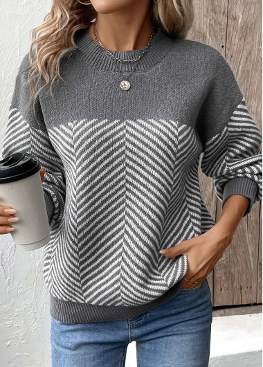 Dark Grey Marl tops,Striped tops,Geometric tops,Patchwork Striped Dark Grey Marl Round Neck Sweater