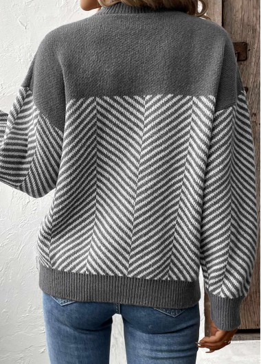 Dark Grey Marl tops,Striped tops,Geometric tops,Patchwork Striped Dark Grey Marl Round Neck Sweater