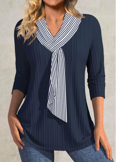 Navy tops,Striped tops,Geometric tops,ROTITA Patchwork Striped Navy V Neck 3/4 Sleeve T Shirt