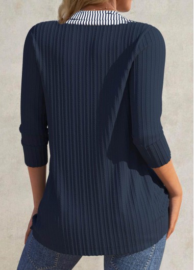 Navy tops,Striped tops,Geometric tops,ROTITA Patchwork Striped Navy V Neck 3/4 Sleeve T Shirt