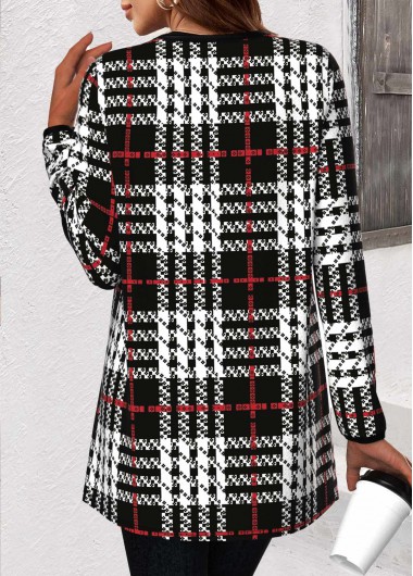 Black tops,Plaid tops,Geometric tops,Striped tops,ROTITA Patchwork Plaid Black Long Sleeve Coat