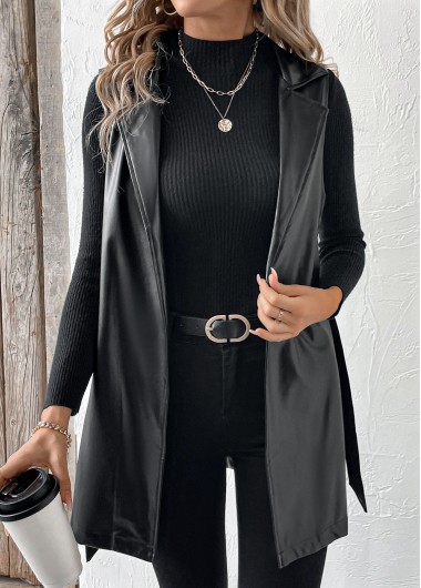 Black tops,Plain Color tops,Faux Leather Black Lapel Sleeveless Waistcoat