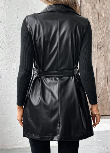 Black tops,Plain Color tops,Faux Leather Black Lapel Sleeveless Waistcoat