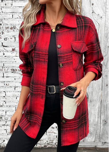 Red tops,Plaid tops,ROTITA Button Plaid Red Turn Down Collar Long Sleeve Shirt