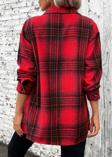 Red tops,Plaid tops,ROTITA Button Plaid Red Turn Down Collar Long Sleeve Shirt