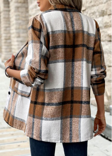 Dark Camel tops,Plaid tops,Button Plaid Dark Camel Lapel Long Sleeve Coat
