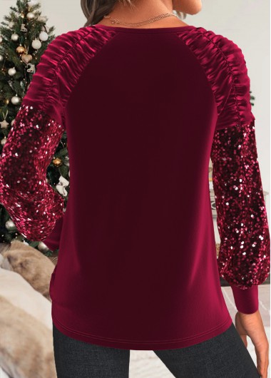 Wine Red tops,Plain Color tops,ROTITA Christmas Ruched Wine Red Long Sleeve T Shirt