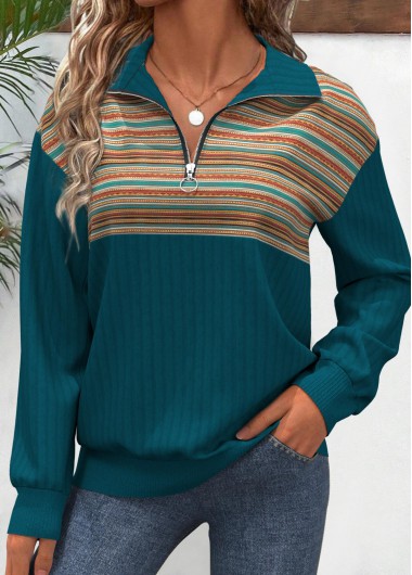 Green tops,Striped tops,Geometric tops,ROTITA Patchwork Multi Stripe Print Turquoise Turn Down Collar Sweatshirt