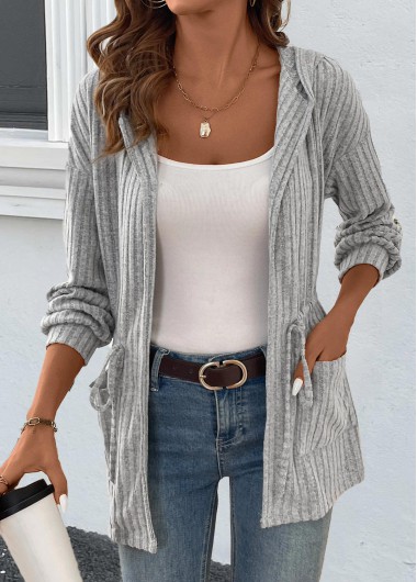 Grey tops,Plain Color tops,ROTITA Drawstring Grey Long Sleeve Light Cardigan