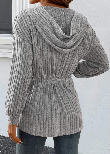 Grey tops,Plain Color tops,ROTITA Drawstring Grey Long Sleeve Light Cardigan