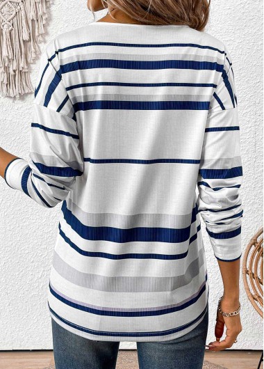White plus size,Striped plus size,Geometric plus size,ROTITA Plus Size Patchwork White Striped Split Neck T Shirt