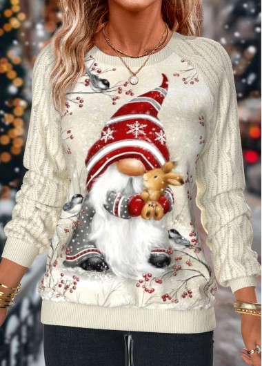 Beige tops,Christmas tops,Plants tops,Animal Print tops,ROTITA Christmas Patchwork Beige Round Neck Long Sleeve Sweatshirt